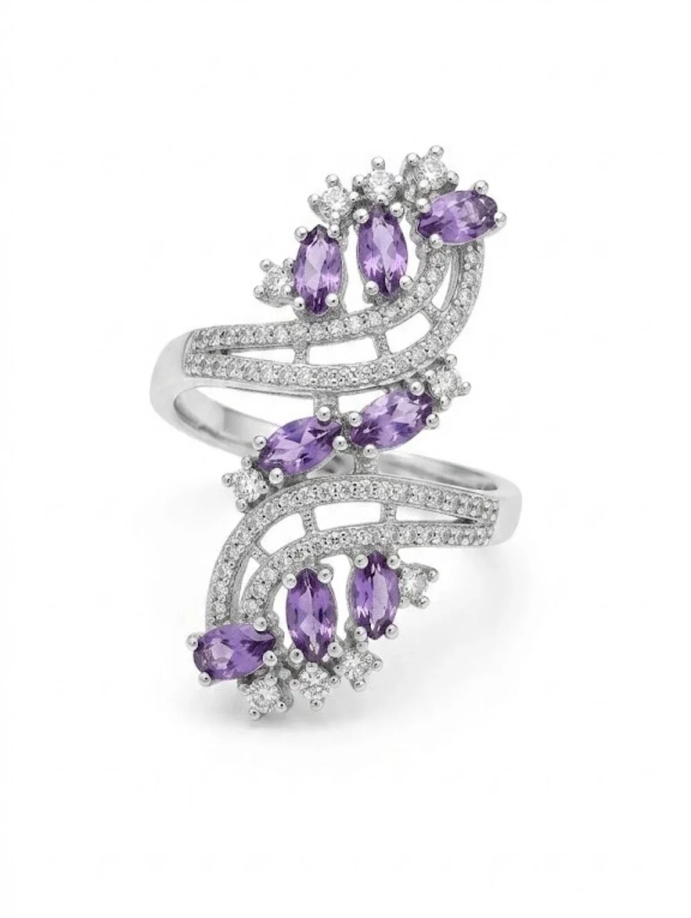 Silver Tone Purple Marquise Rhinestone Bypass Statement Ring Size 8.5